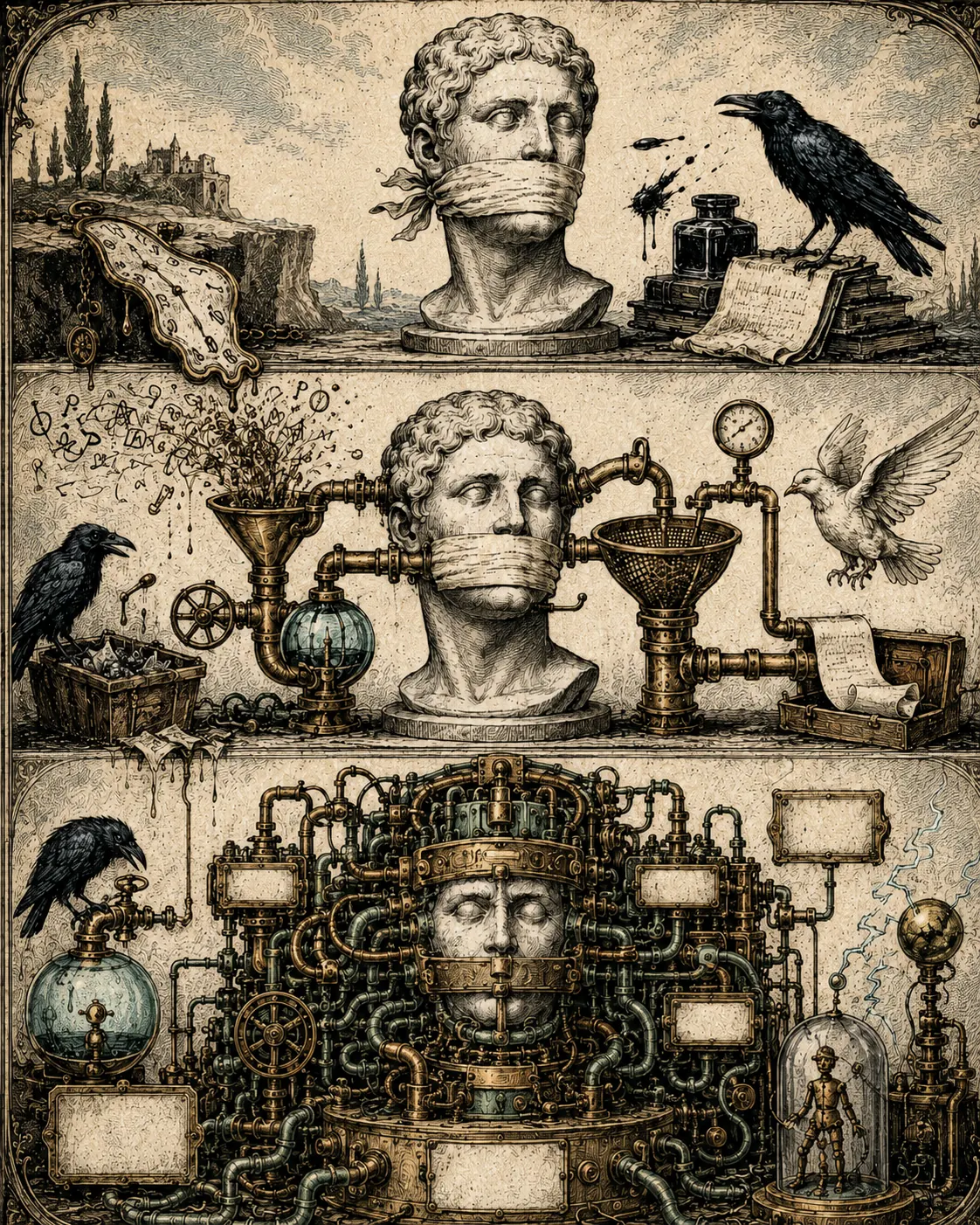 Color triptych of gagged classical busts, crows, and machinery representing model ablation layers