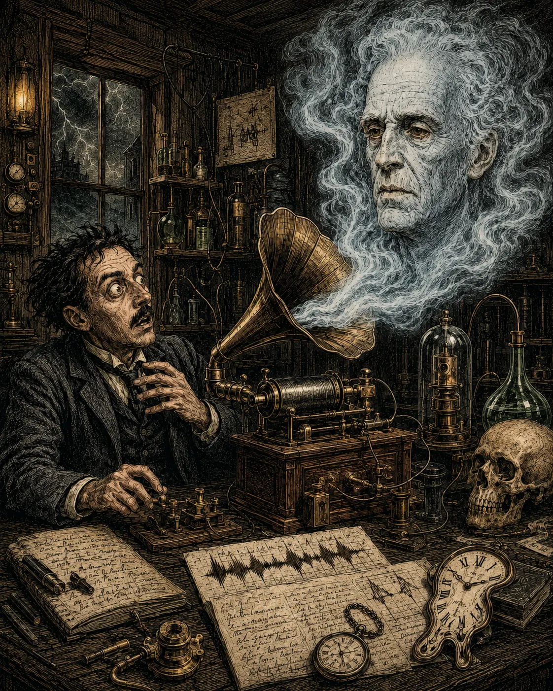 Color illustration of a researcher summoning a ghostly face through an antique voice machine