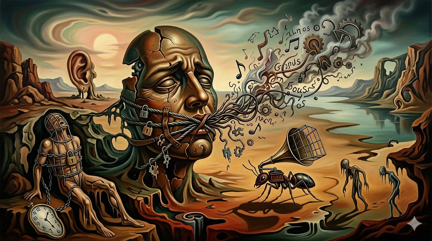 Surreal painting of a cracked, bound head with garbled words drifting from its mouth