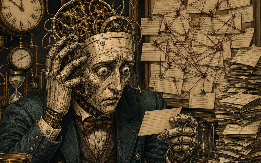 A clockwork automaton surrounded by clocks, hourglasses, calculations, and a wall of interconnected task tickets