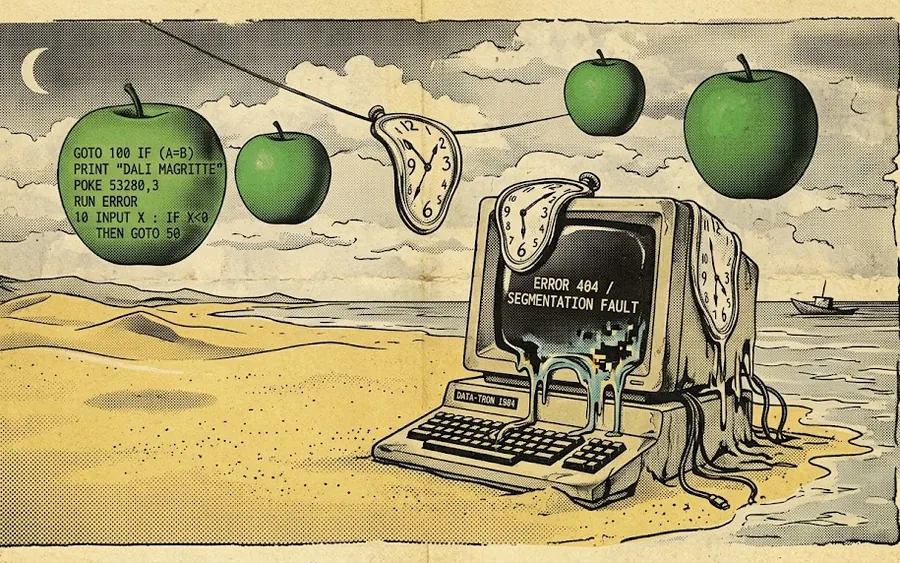 A Magritte beach at night: a melting DATA-TRON 1984 CRT, Dalí clocks, and green apples printed with BASIC
