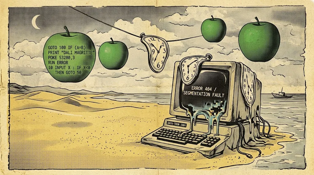 A Magritte beach at night: a melting DATA-TRON 1984 CRT, Dalí clocks, and green apples printed with BASIC