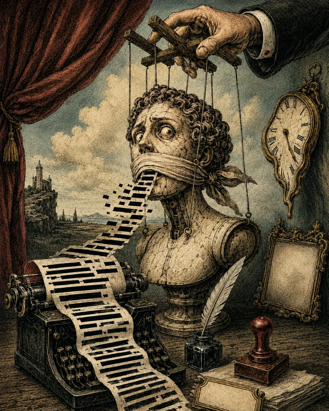 Color illustration of a gagged puppet-like figure feeding censored text into a typewriter